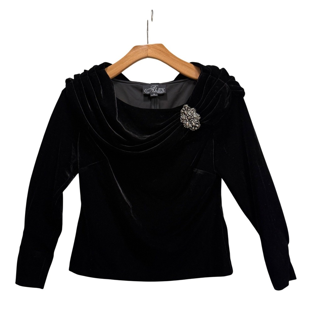 Alex Evenings NEW Velvet Top Black New Portrait Neck Beaded Brooch Event Glam M